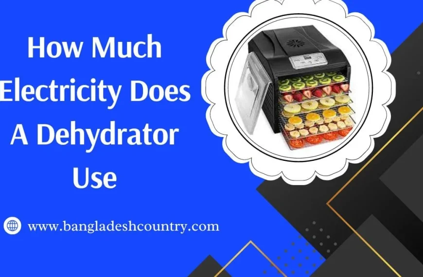 A black food dehydrator with multiple trays full of sliced fruits like kiwi, strawberries, apples, oranges, and tomatoes, alongside text asking 'How Much Electricity Does A Dehydrator Use?'