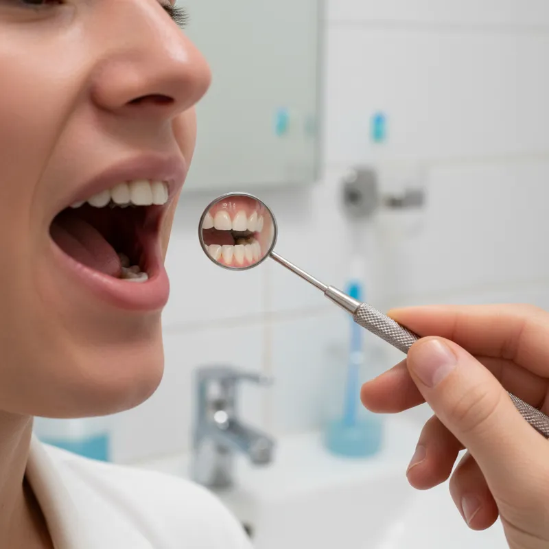 A person using a dental mirror to inspect their teeth at home, focusing on hard-to-see areas like the back molars.