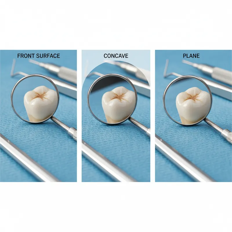 A close-up comparison shot of three different dental mirror types (front surface, concave, plane) highlighting their reflective surfaces.