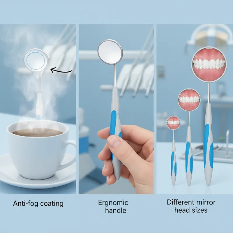 A collage showing various features of dental mirrors: an anti-fog coating being demonstrated, an ergonomic handle, and different mirror head sizes.