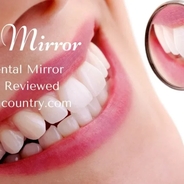 Close-up of a person's healthy white teeth and gums, with a dental mirror reflecting teeth and dental instruments (probe, scaler) on a white background. Overlay text reads: 'Dental Mirror Best 6 Dental Mirror Specially Reviewed bangladeshcountry.com'.