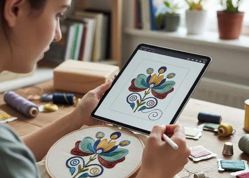 A close-up of a hand using a digital tablet with embroidery design software, showcasing a floral pattern being created. Nearby are colorful embroidery threads, a needle, and an embroidery hoop, illustrating the concept of designing your own embroidery designs.