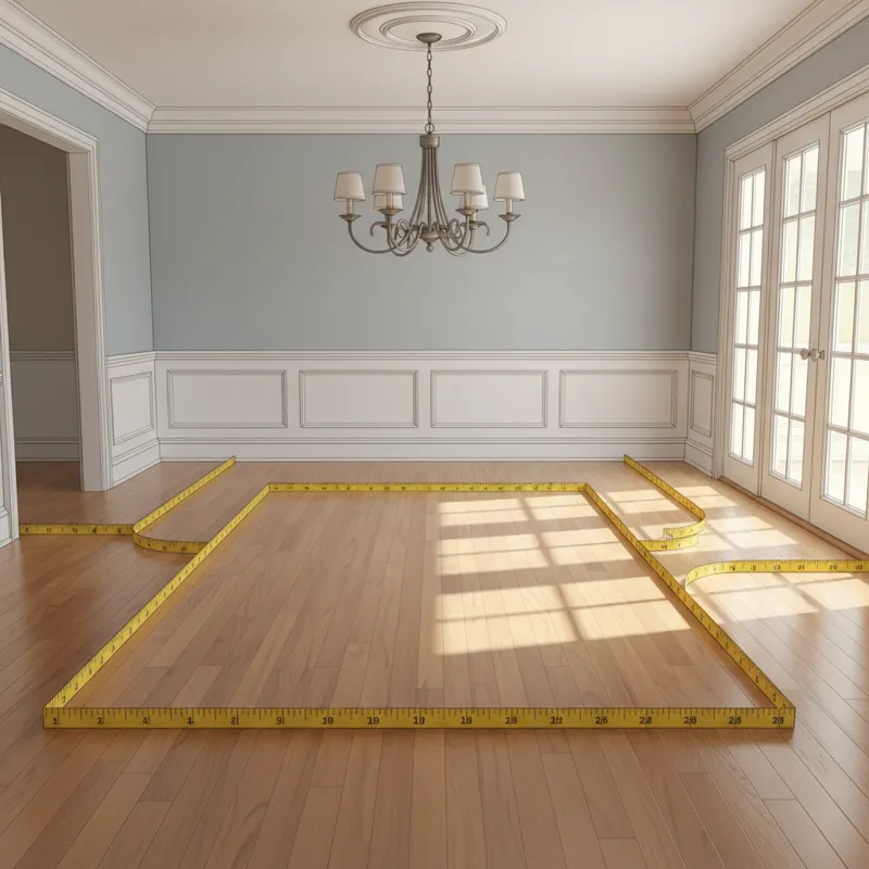 An empty dining room with a measuring tape extending across the floor, highlighting the available space for a dining table and chairs, with clear path
