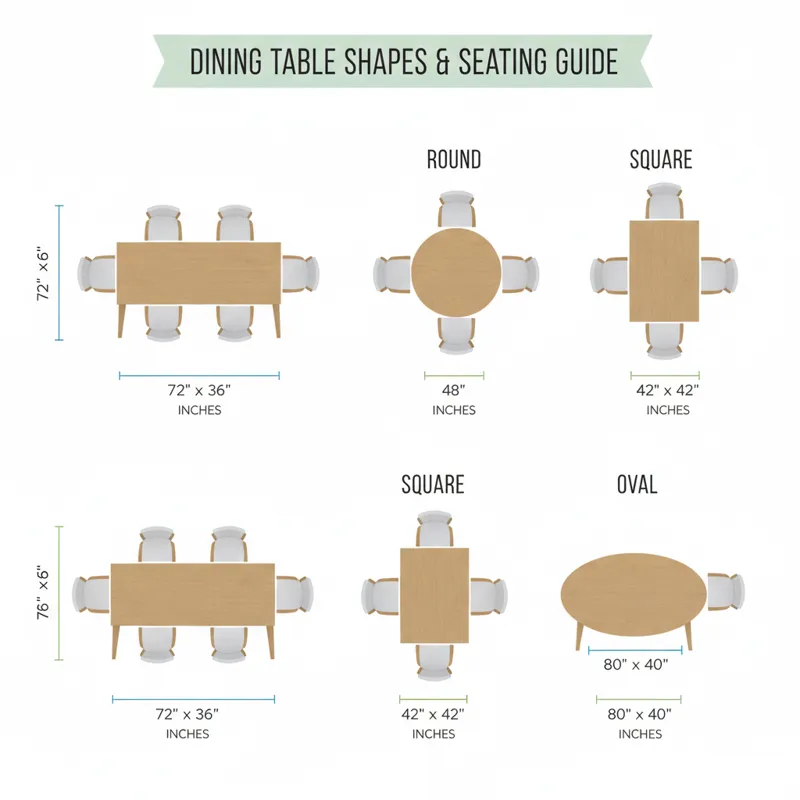 A comparative infographic showing different dining table shapes (rectangle, round, square, oval) with typical dimensions and the corresponding number