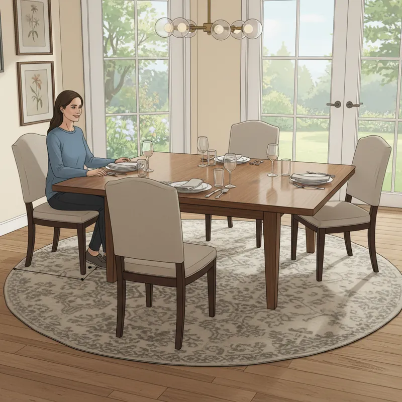 A dining table with chairs, showing proper spacing between each place setting and ample legroom. A person is sitting comfortably at the table.