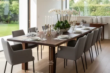 Detailed diagram illustrating standard dining table dimensions for various shapes including rectangular, round, square, and oval tables, showing common lengths, widths, diameters, and seating capacities.