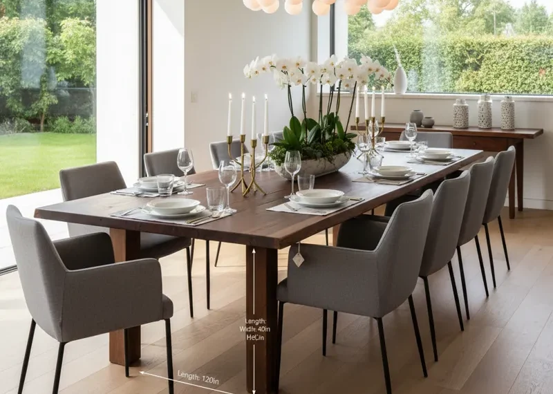 Detailed diagram illustrating standard dining table dimensions for various shapes including rectangular, round, square, and oval tables, showing common lengths, widths, diameters, and seating capacities.