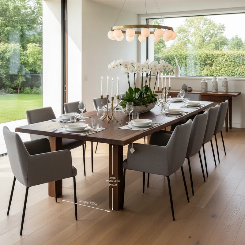 Detailed diagram illustrating standard dining table dimensions for various shapes including rectangular, round, square, and oval tables, showing common lengths, widths, diameters, and seating capacities.