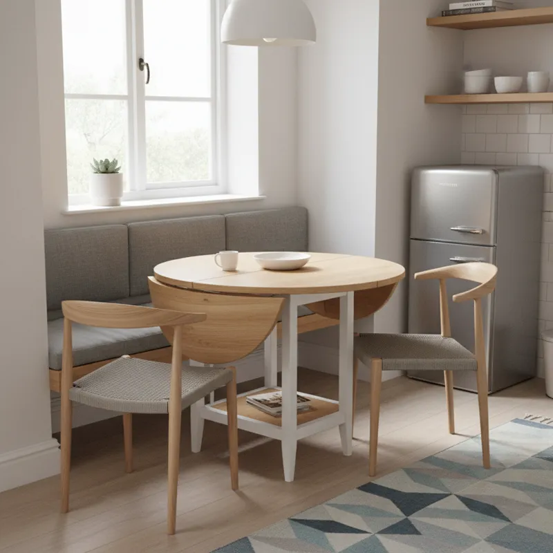 A beautifully designed, compact dinette set with two chairs in a brightly lit small kitchen, showcasing space-saving features and modern design. The f