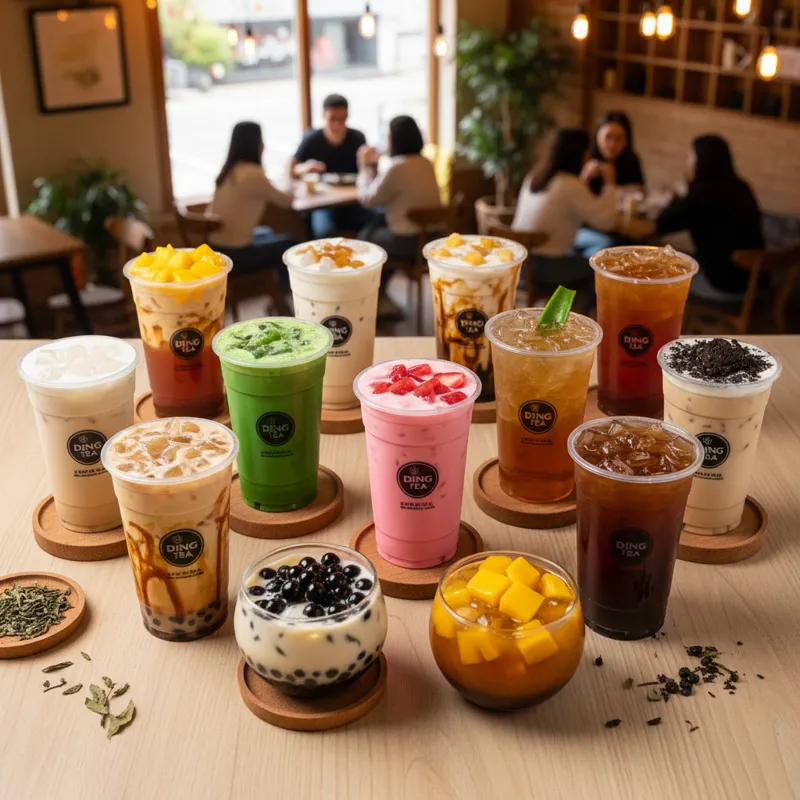 A vibrant, overhead shot of a diverse selection of Ding Tea drinks on a clean wooden table, showcasing different colors, toppings, and cup sizes, with