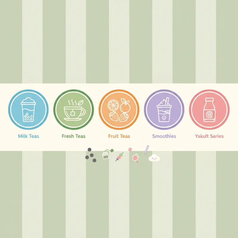 A detailed infographic-style image illustrating different Ding Tea menu categories with small icons representing each type: Milk Teas, Fresh Teas, Fru