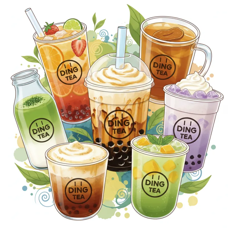 A dynamic collage of the seven featured irresistible Ding Tea drinks, each in its distinct cup, arranged artistically to highlight their visual appeal
