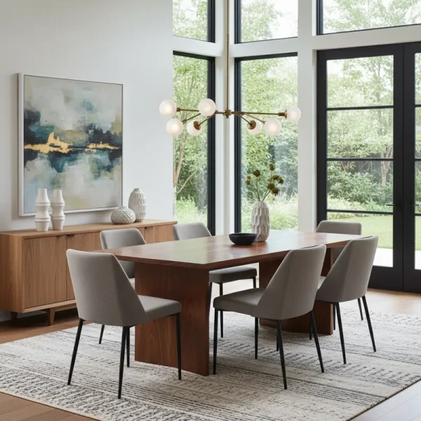 Stylish dining area furniture featuring a modern wooden dining table and comfortable upholstered dining chairs in a well-lit room