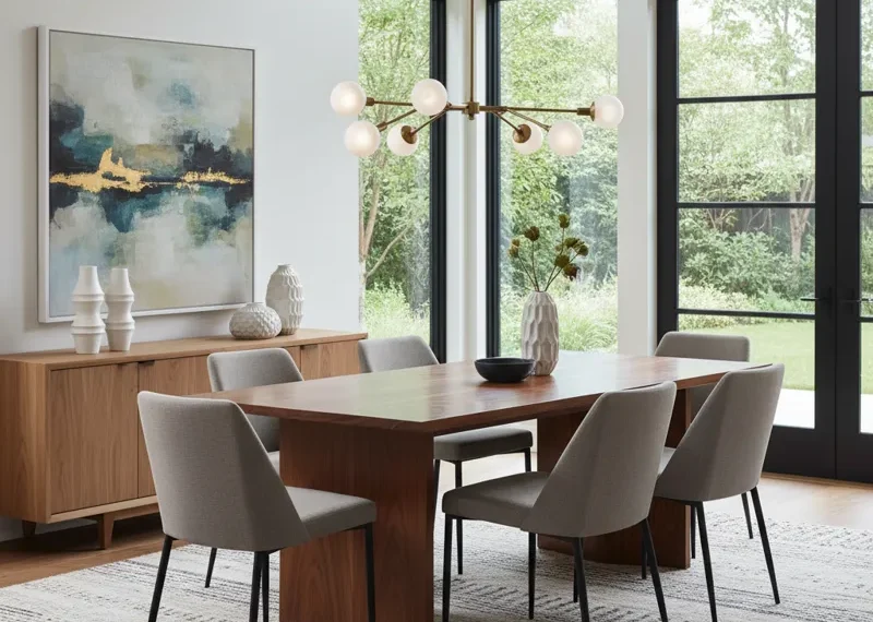 Stylish dining area furniture featuring a modern wooden dining table and comfortable upholstered dining chairs in a well-lit room