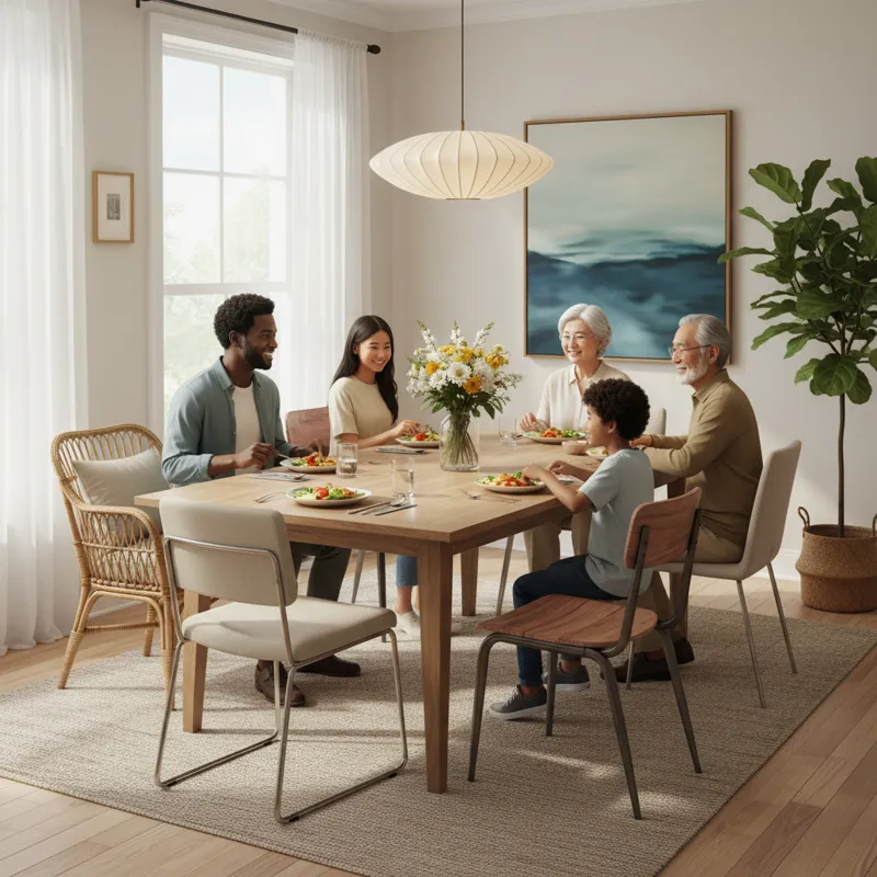 A diverse family sitting comfortably around a modern dining table, showing various dining chair styles in a bright, inviting dining room setting.