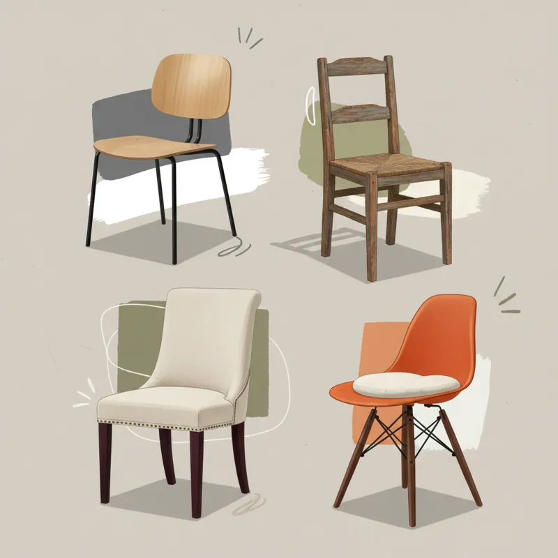 A collage showing various dining chair styles: a sleek minimalist chair, a rustic farmhouse chair, a classic upholstered chair, and a vibrant mid-cent