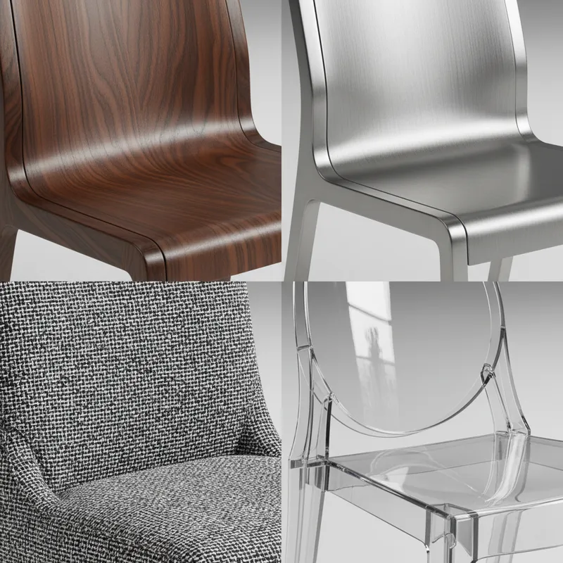 A close-up collage of different dining chair materials: rich dark wood grain, sleek metal, textured fabric upholstery, and clear acrylic, highlighting