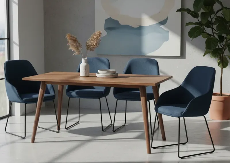 Set of four modern upholstered dining chairs with slender wooden legs, designed for comfort and style in a contemporary dining room setting.