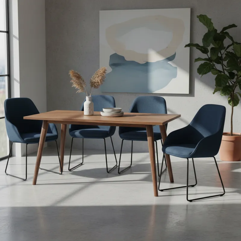 Set of four modern upholstered dining chairs with slender wooden legs, designed for comfort and style in a contemporary dining room setting.