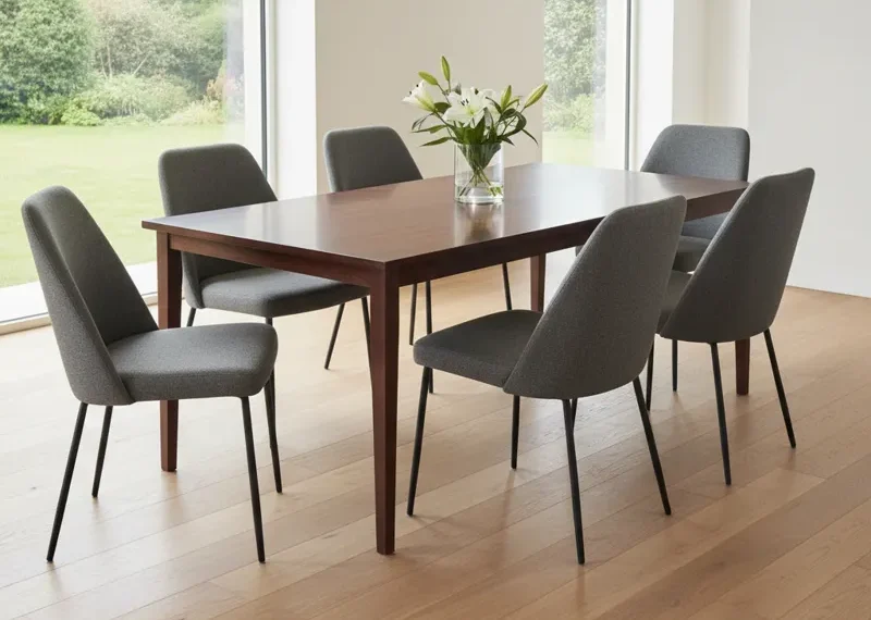 Set of 6 modern dining chairs with light wood legs and grey upholstered seats, neatly arranged around a dining table.