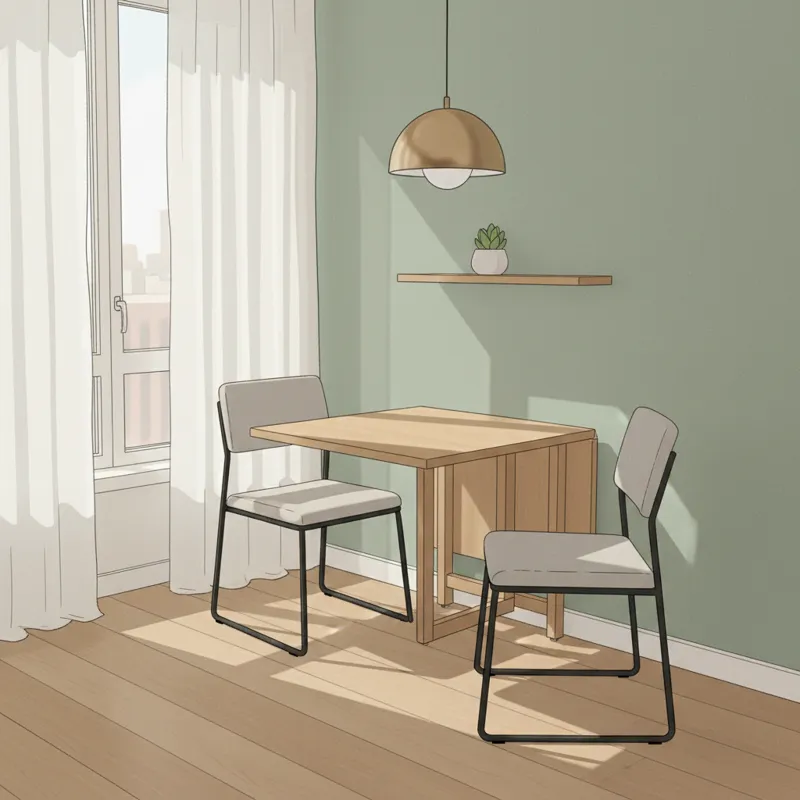 An inviting, minimalist dining area in a small urban apartment. The space features a wall-mounted drop-leaf table in light wood, two compact, modern c