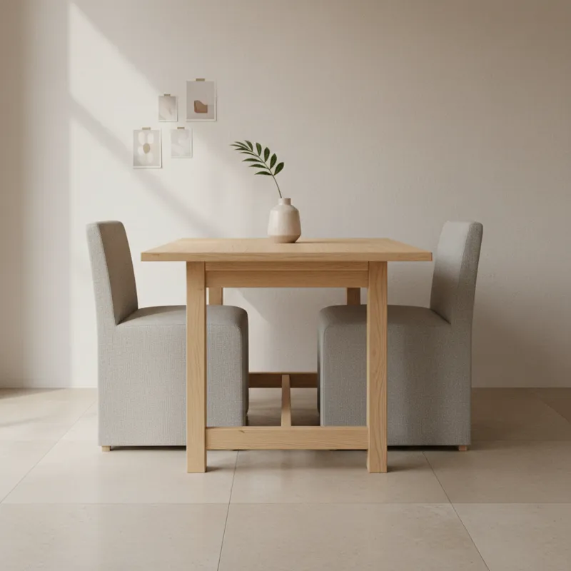 A stylish small dining table set featuring an extendable table made of light wood, shown in its compact form with two modern, armless chairs tucked ne