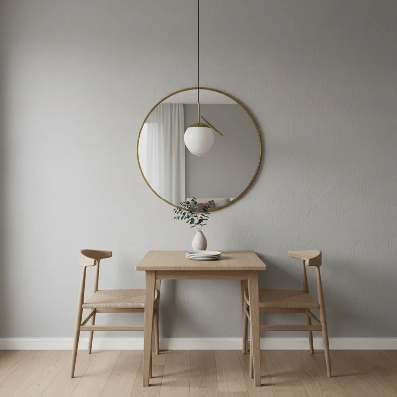 A well-organized small dining area in an open-concept apartment. A compact rectangular dining table is placed against a wall to maximize floor space,