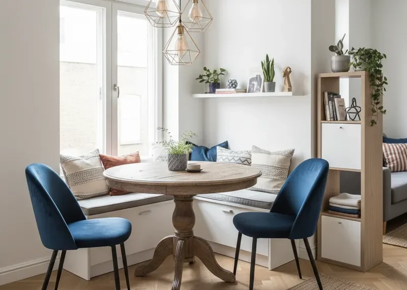 Compact dining table and two chairs in a small, well-lit apartment corner, demonstrating space-saving dining ideas for small spaces.