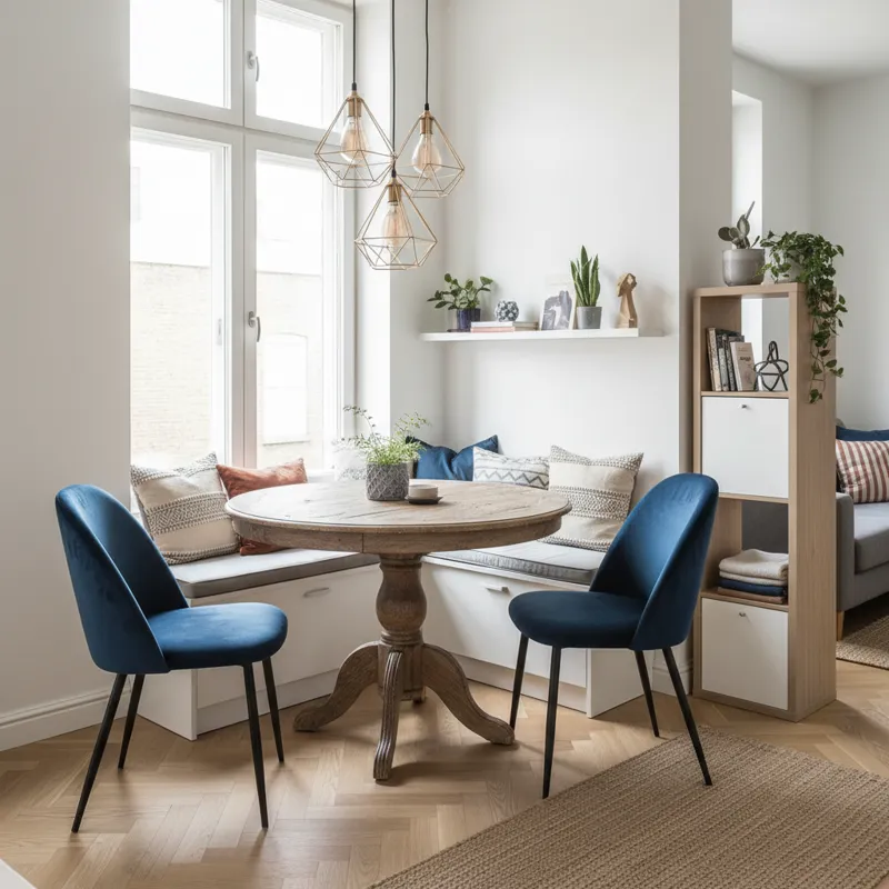 Compact dining table and two chairs in a small, well-lit apartment corner, demonstrating space-saving dining ideas for small spaces.