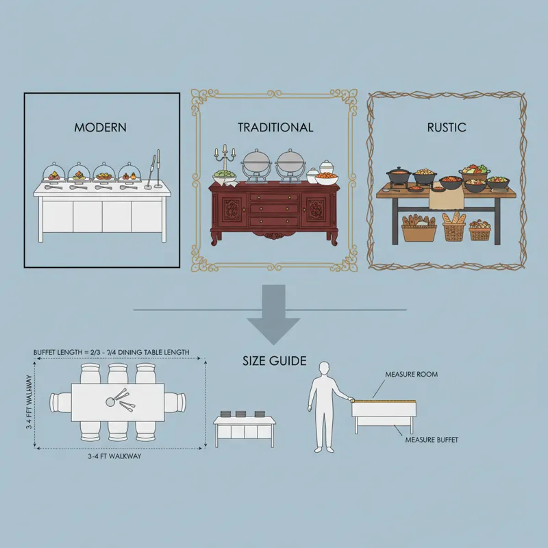 An infographic-style image illustrating different buffet styles (modern, traditional, rustic) and a size guide showing how to measure a dining room an
