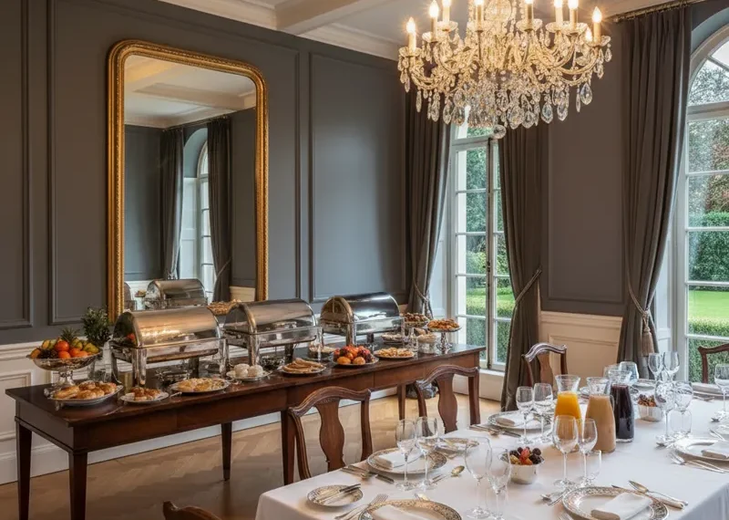 Elegant dining room featuring a long, well-stocked buffet table with various dishes, complemented by a large dining table with chairs, set for entertaining guests.