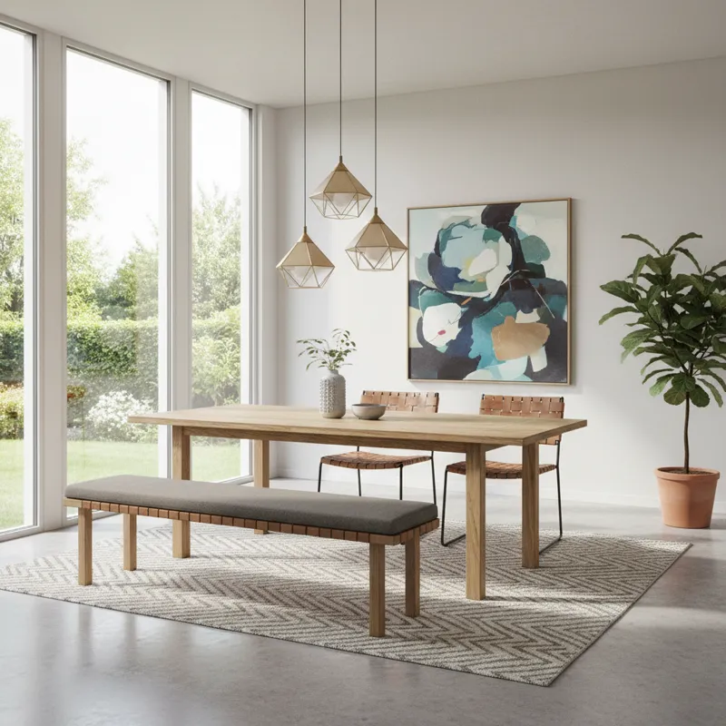 A stylish dining room featuring a modern wooden dining table with a matching long wooden bench on one side and two individual chairs on the opposite s