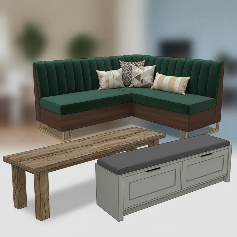 A diverse collage of different dining bench types: a rustic wooden freestanding bench, a modern upholstered banquette bench built into a corner, and a
