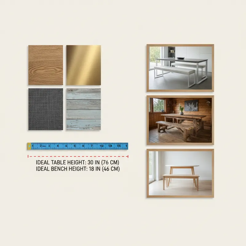 A collage illustrating various dining bench considerations: a measuring tape showing ideal table and bench dimensions, swatches of different materials