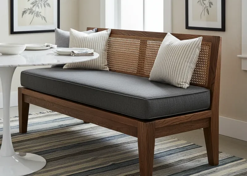 Stylish dining room bench chair with an upholstered seat and backrest, positioned at a wooden dining table. This comfortable and space-saving seating solution is perfect for modern or farmhouse dining areas, maximizing capacity for family meals and entertaining.