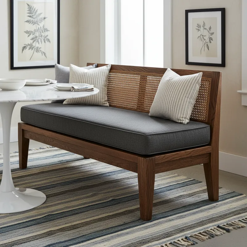 Stylish dining room bench chair with an upholstered seat and backrest, positioned at a wooden dining table. This comfortable and space-saving seating solution is perfect for modern or farmhouse dining areas, maximizing capacity for family meals and entertaining.
