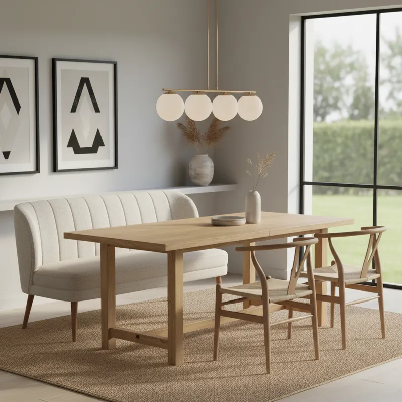 A stylish, modern dining room featuring a long wooden dining table. On one side, there is a comfortable upholstered dining room bench with a high back