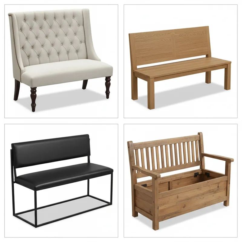 A collage of four distinct dining room benches with backs. Top left shows an elegant fabric upholstered dining bench with a tufted back. Top right fea
