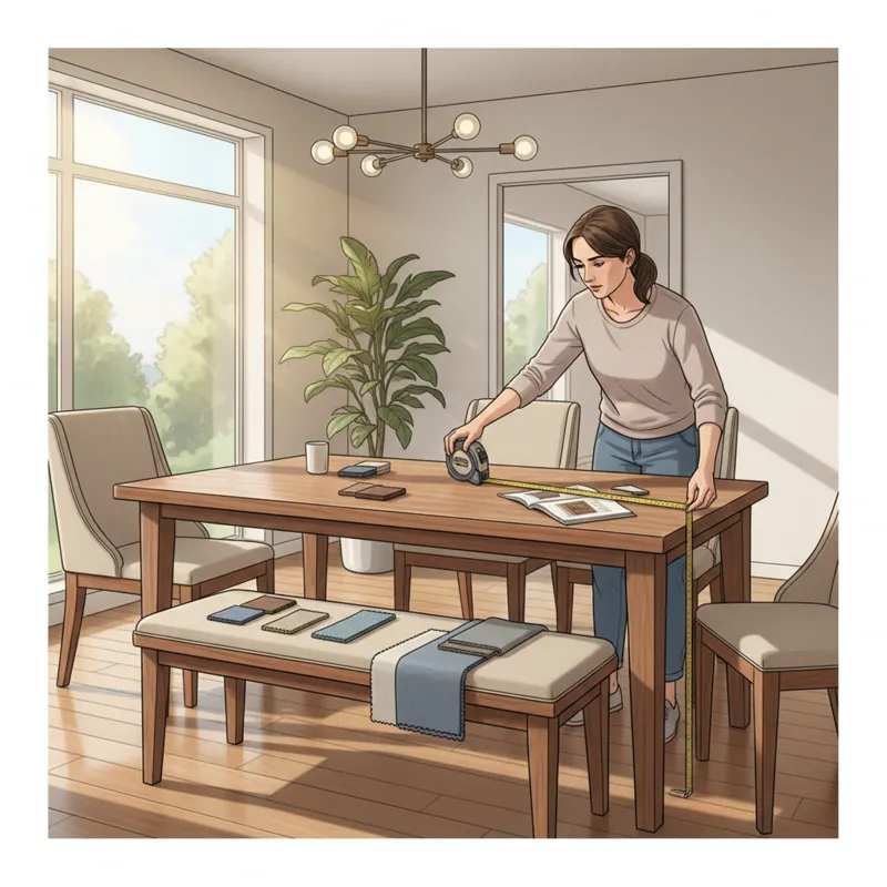 A homeowner is using a tape measure to check the dimensions of a dining room bench with back against their dining table in a well-lit dining area. The