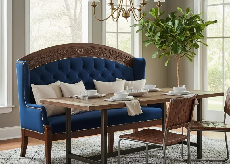 Modern wooden dining room bench with a high upholstered back, providing comfortable seating around a contemporary dining table.