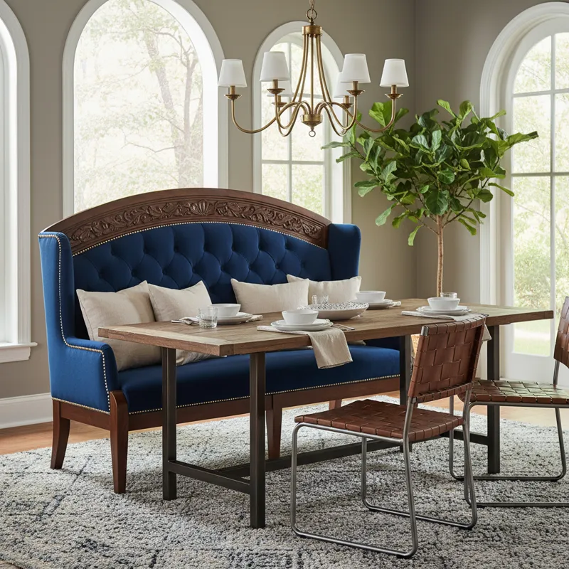 Modern wooden dining room bench with a high upholstered back, providing comfortable seating around a contemporary dining table.