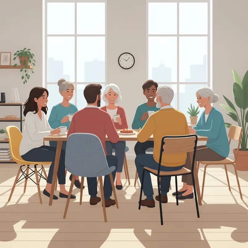 A diverse group of people from various age groups sitting comfortably on stylish, yet clearly budget-friendly dining chairs around a modern dining tab