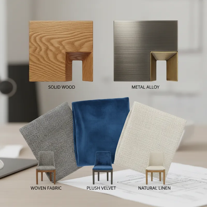 A close-up shot of different dining chair materials arranged aesthetically, highlighting wood grain, metal texture, and the weave of various fabric up