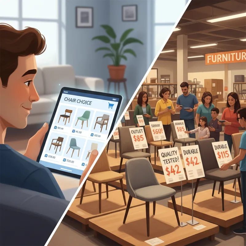 A split image showing two scenes: one depicts a person browsing a sleek, user-friendly online furniture store on a tablet, with various affordable din