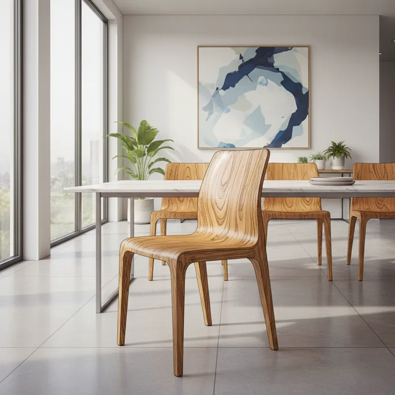 A beautifully crafted oak dining chair showcasing its prominent grain, in a modern dining room setting with natural light.