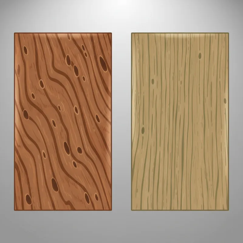 Close-up comparison of red oak and white oak wood samples, highlighting their distinct grain patterns and color tones.
