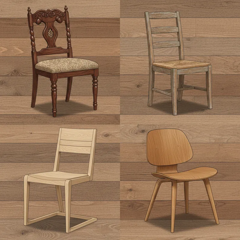 A collage of various oak dining chair styles: traditional, modern, farmhouse, and mid-century modern, showcasing their unique forms and details.