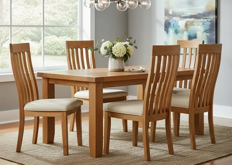 A set of four solid oak dining room chairs with a natural wood finish, featuring a simple, elegant design and comfortable upholstered seats, perfect for a modern or traditional dining space.