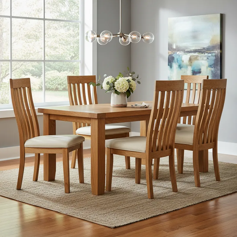 A set of four solid oak dining room chairs with a natural wood finish, featuring a simple, elegant design and comfortable upholstered seats, perfect for a modern or traditional dining space.
