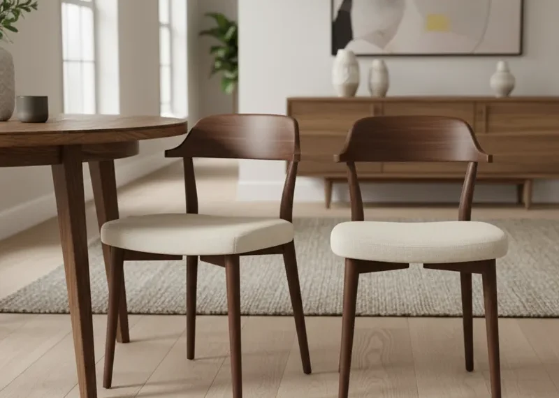 Set of 2 modern dining room chairs with comfortable upholstered seats and sturdy metal legs, ideal for small dining tables or kitchen nooks.